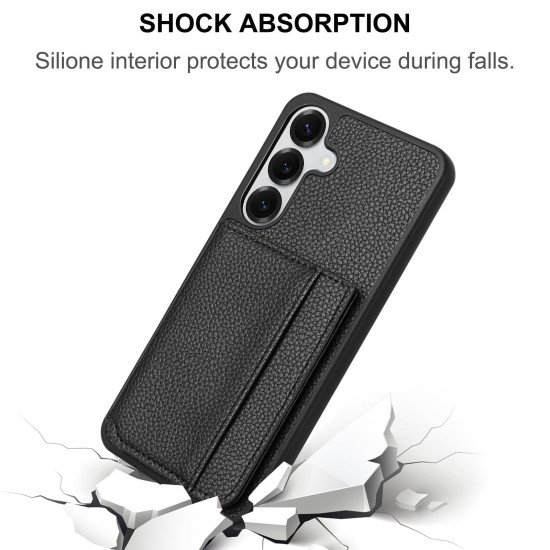 For Samsung Galaxy S24+ 5G Litchi Pattern Magnetic Card Bag Holder Phone Case(Black)