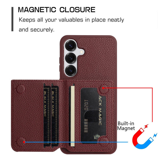 For Samsung Galaxy S24+ 5G Litchi Pattern Magnetic Card Bag Holder Phone Case(Wine Red)
