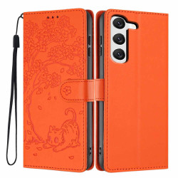 For Samsung Galaxy S23+ 5G Tree Cat Embossed Flip Vegan Leather Phone Case(Orange)