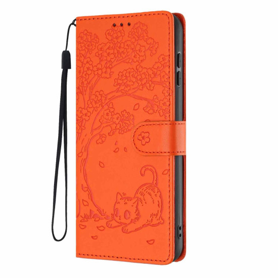 For Samsung Galaxy S23+ 5G Tree Cat Embossed Flip Vegan Leather Phone Case(Orange)