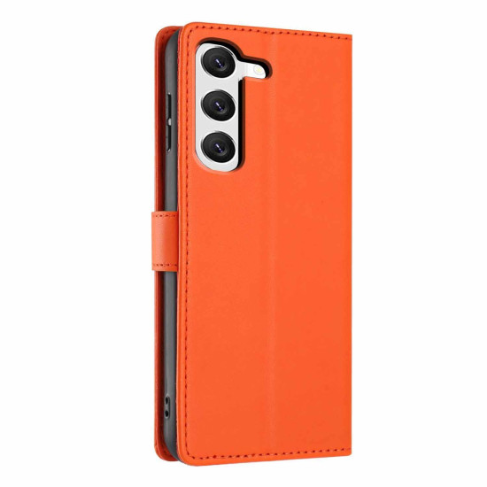 For Samsung Galaxy S23+ 5G Tree Cat Embossed Flip Vegan Leather Phone Case(Orange)