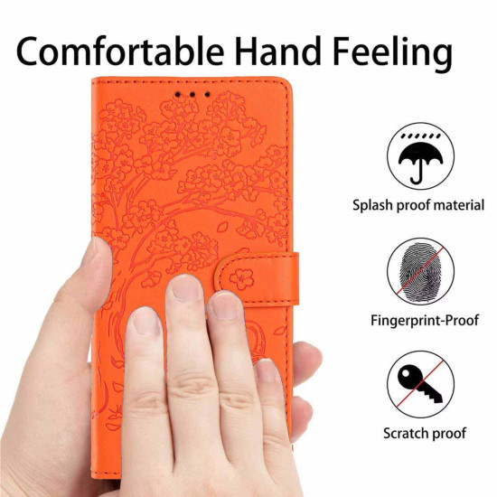 For Samsung Galaxy S23+ 5G Tree Cat Embossed Flip Vegan Leather Phone Case(Orange)