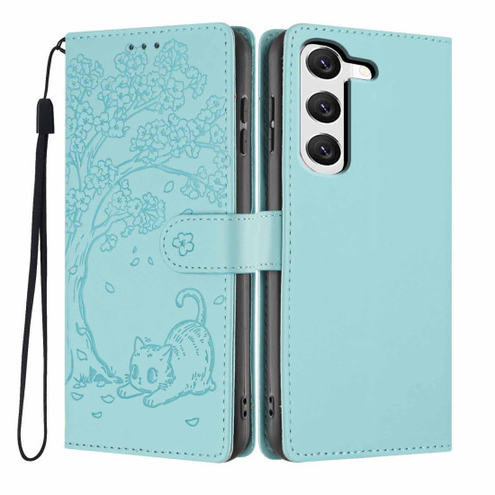 For Samsung Galaxy S23+ 5G Tree Cat Embossed Flip Vegan Leather Phone Case(Light Green)