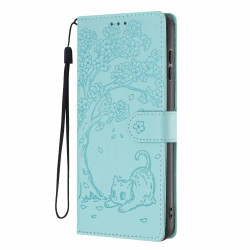 For Samsung Galaxy S23+ 5G Tree Cat Embossed Flip Vegan Leather Phone Case(Light Green)