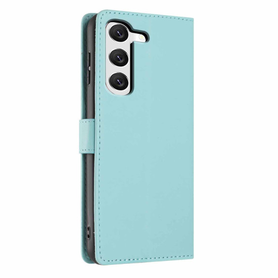 For Samsung Galaxy S23+ 5G Tree Cat Embossed Flip Vegan Leather Phone Case(Light Green)