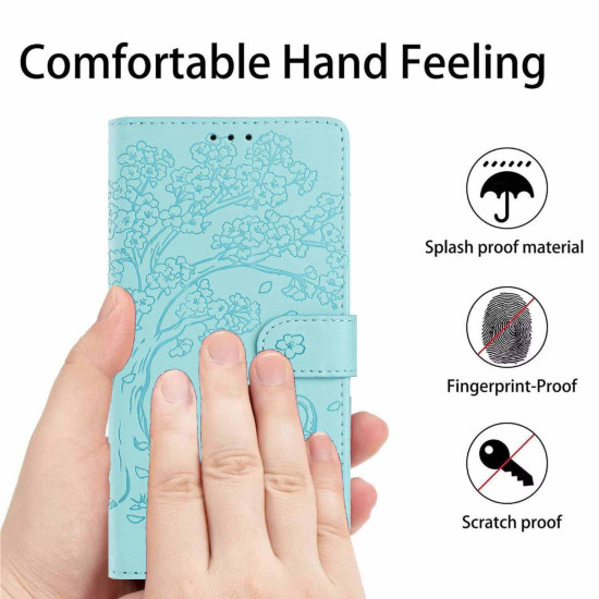 For Samsung Galaxy S23+ 5G Tree Cat Embossed Flip Vegan Leather Phone Case(Light Green)