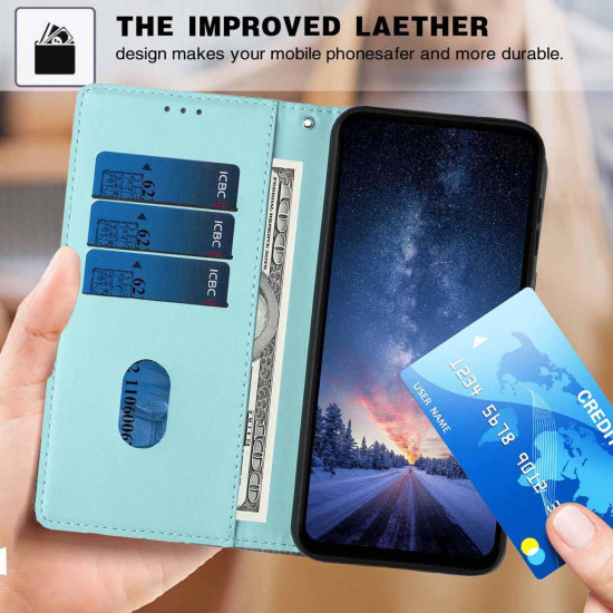 For Samsung Galaxy S23+ 5G Tree Cat Embossed Flip Vegan Leather Phone Case(Light Green)
