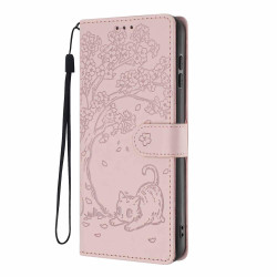For Samsung Galaxy S23+ 5G Tree Cat Embossed Flip Vegan Leather Phone Case(Rose Gold)