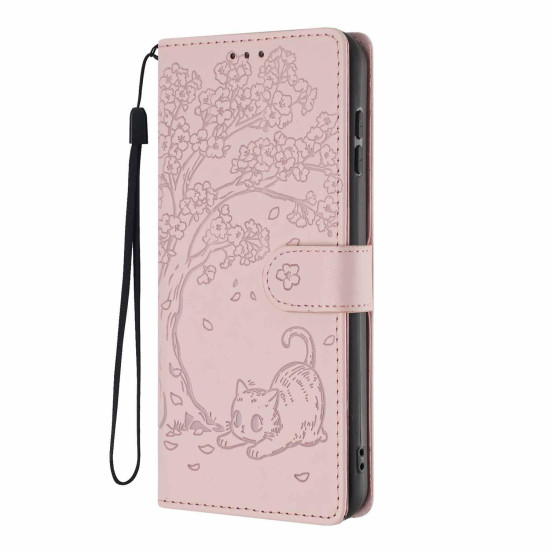 For Samsung Galaxy S23+ 5G Tree Cat Embossed Flip Vegan Leather Phone Case(Rose Gold)