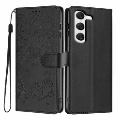 For Samsung Galaxy S23+ 5G Tree Cat Embossed Flip Vegan Leather Phone Case(Black)