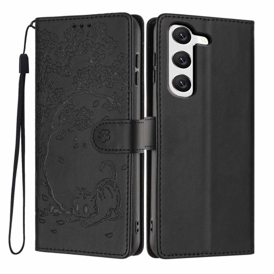 For Samsung Galaxy S23+ 5G Tree Cat Embossed Flip Vegan Leather Phone Case(Black)