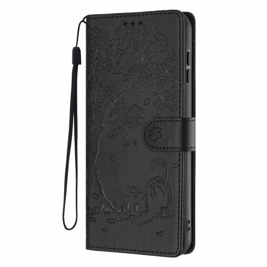 For Samsung Galaxy S23+ 5G Tree Cat Embossed Flip Vegan Leather Phone Case(Black)