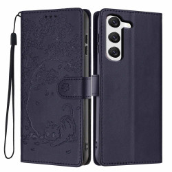 For Samsung Galaxy S23+ 5G Tree Cat Embossed Flip Vegan Leather Phone Case(Dark Blue)