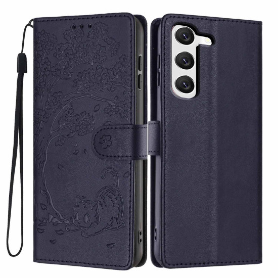 For Samsung Galaxy S23+ 5G Tree Cat Embossed Flip Vegan Leather Phone Case(Dark Blue)