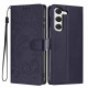 For Samsung Galaxy S23+ 5G Tree Cat Embossed Flip Vegan Leather Phone Case(Dark Blue)