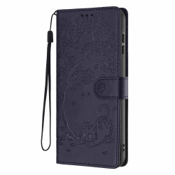 For Samsung Galaxy S23+ 5G Tree Cat Embossed Flip Vegan Leather Phone Case(Dark Blue)