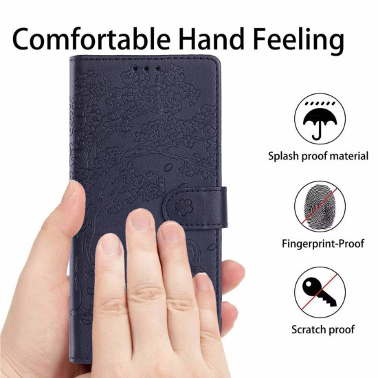 For Samsung Galaxy S23+ 5G Tree Cat Embossed Flip Vegan Leather Phone Case(Dark Blue)