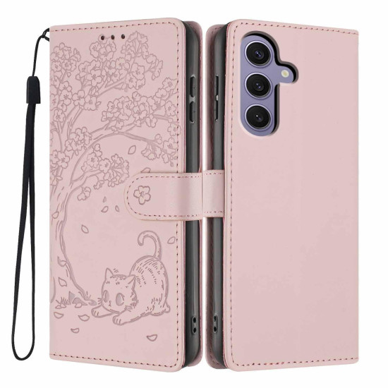 For Samsung Galaxy S24+ 5G Tree Cat Embossed Flip Vegan Leather Phone Case(Rose Gold)