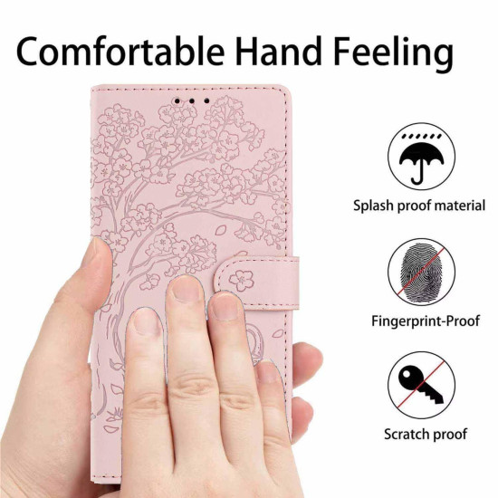 For Samsung Galaxy S24+ 5G Tree Cat Embossed Flip Vegan Leather Phone Case(Rose Gold)