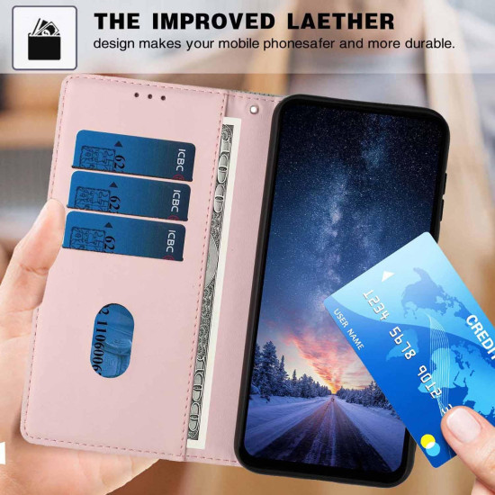 For Samsung Galaxy S24+ 5G Tree Cat Embossed Flip Vegan Leather Phone Case(Rose Gold)