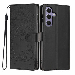 For Samsung Galaxy S24+ 5G Tree Cat Embossed Flip Vegan Leather Phone Case(Black)