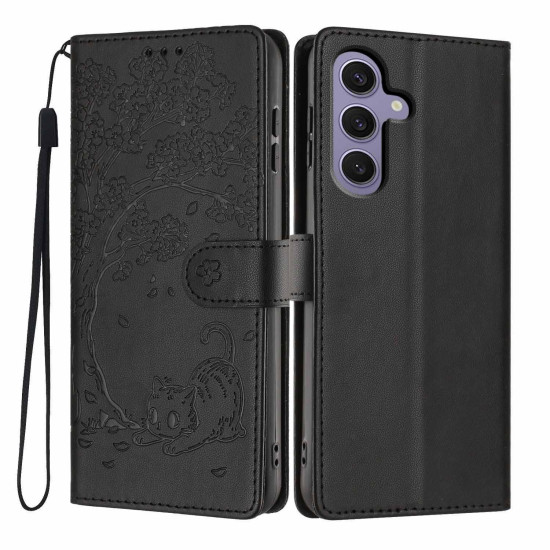 For Samsung Galaxy S24+ 5G Tree Cat Embossed Flip Vegan Leather Phone Case(Black)