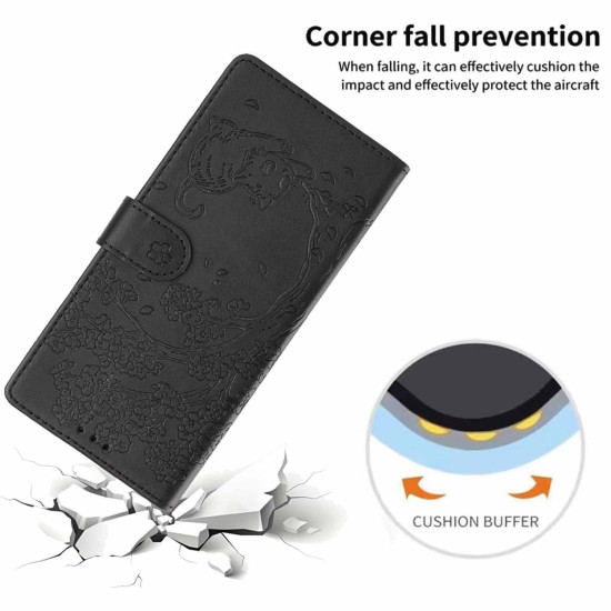 For Samsung Galaxy S24+ 5G Tree Cat Embossed Flip Vegan Leather Phone Case(Black)