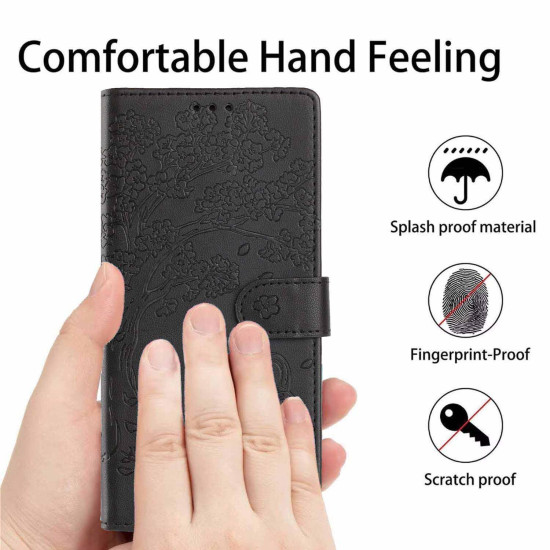 For Samsung Galaxy S24+ 5G Tree Cat Embossed Flip Vegan Leather Phone Case(Black)
