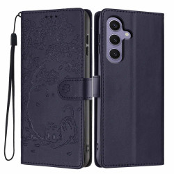 For Samsung Galaxy S24+ 5G Tree Cat Embossed Flip Vegan Leather Phone Case(Dark Blue)