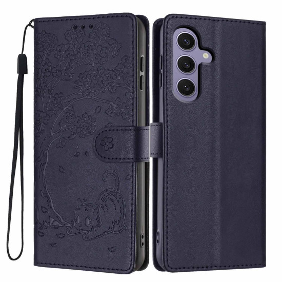 For Samsung Galaxy S24+ 5G Tree Cat Embossed Flip Vegan Leather Phone Case(Dark Blue)