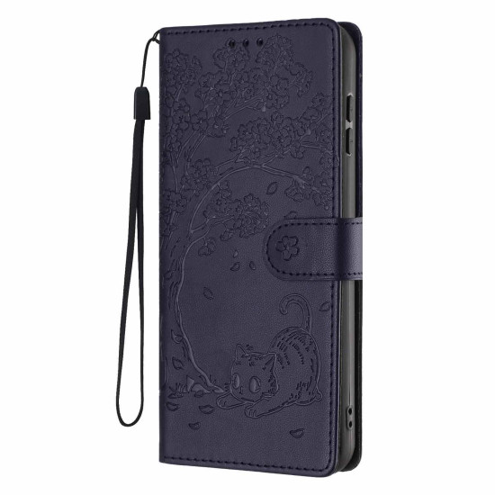 For Samsung Galaxy S24+ 5G Tree Cat Embossed Flip Vegan Leather Phone Case(Dark Blue)