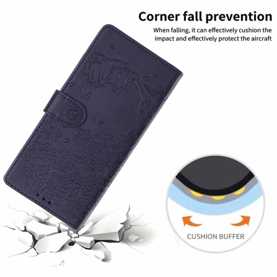 For Samsung Galaxy S24+ 5G Tree Cat Embossed Flip Vegan Leather Phone Case(Dark Blue)