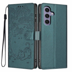 For Samsung Galaxy S24+ 5G Tree Cat Embossed Flip Vegan Leather Phone Case(Deep Green)