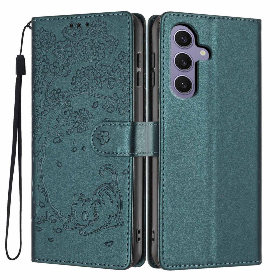 For Samsung Galaxy S24+ 5G Tree Cat Embossed Flip Vegan Leather Phone Case(Deep Green)