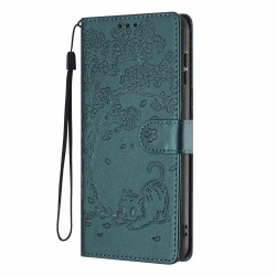 For Samsung Galaxy S24+ 5G Tree Cat Embossed Flip Vegan Leather Phone Case(Deep Green)