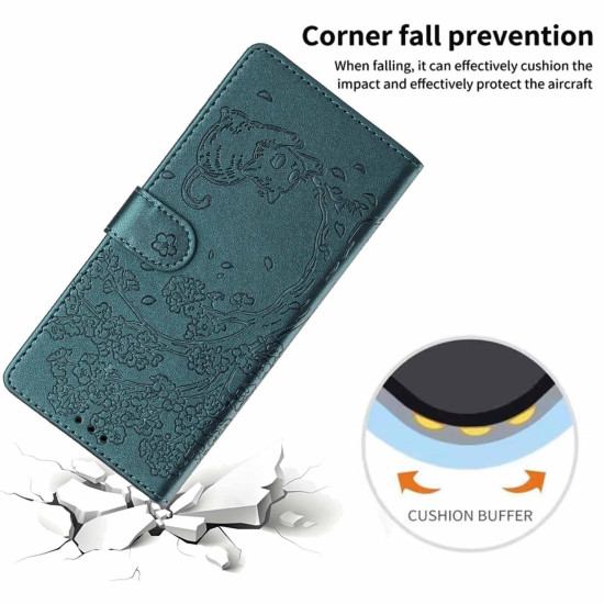 For Samsung Galaxy S24+ 5G Tree Cat Embossed Flip Vegan Leather Phone Case(Deep Green)