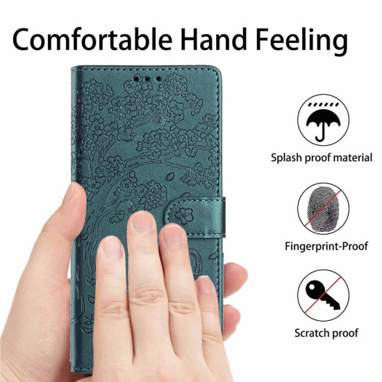 For Samsung Galaxy S24+ 5G Tree Cat Embossed Flip Vegan Leather Phone Case(Deep Green)