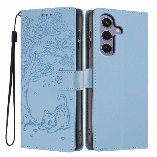 For Samsung Galaxy S24+ 5G Tree Cat Embossed Flip Vegan Leather Phone Case(Sky Blue)