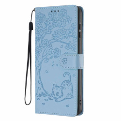 For Samsung Galaxy S24+ 5G Tree Cat Embossed Flip Vegan Leather Phone Case(Sky Blue)