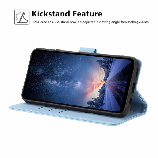 For Samsung Galaxy S24+ 5G Tree Cat Embossed Flip Vegan Leather Phone Case(Sky Blue)