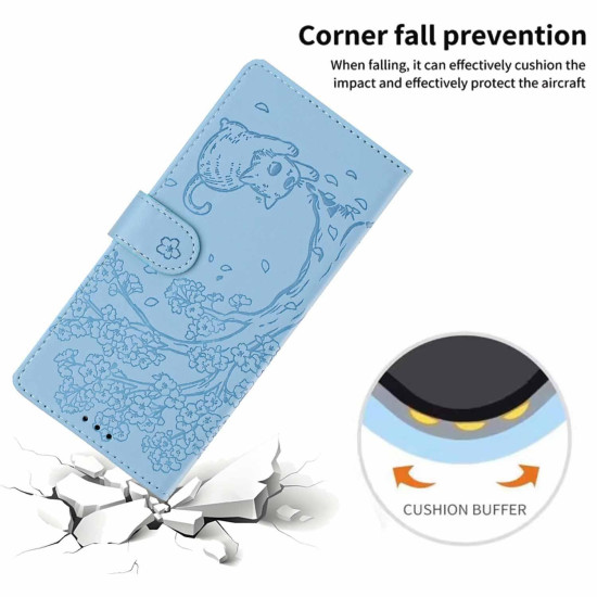 For Samsung Galaxy S24+ 5G Tree Cat Embossed Flip Vegan Leather Phone Case(Sky Blue)