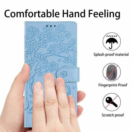 For Samsung Galaxy S24+ 5G Tree Cat Embossed Flip Vegan Leather Phone Case(Sky Blue)