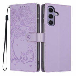 For Samsung Galaxy S24+ 5G Tree Cat Embossed Flip Vegan Leather Phone Case(Purple)