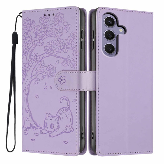 For Samsung Galaxy S24+ 5G Tree Cat Embossed Flip Vegan Leather Phone Case(Purple)