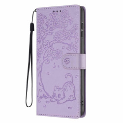 For Samsung Galaxy S24+ 5G Tree Cat Embossed Flip Vegan Leather Phone Case(Purple)