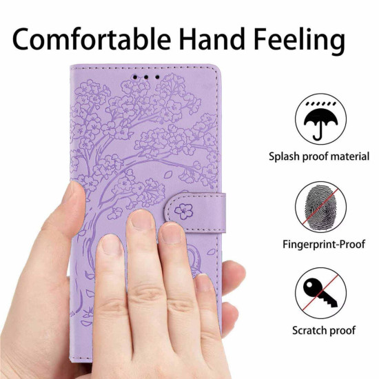 For Samsung Galaxy S24+ 5G Tree Cat Embossed Flip Vegan Leather Phone Case(Purple)