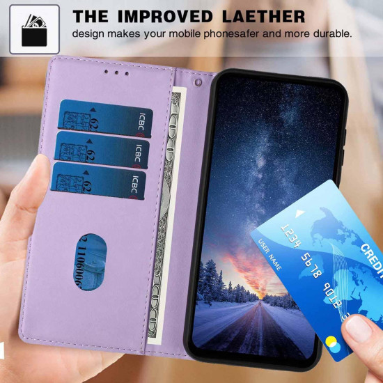 For Samsung Galaxy S24+ 5G Tree Cat Embossed Flip Vegan Leather Phone Case(Purple)