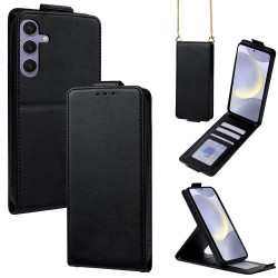 For Samsung Galaxy S24+ 5G Vertical Flip Cover Solid Color Vegan Leather Phone Case with Crossbody Chain(Black)