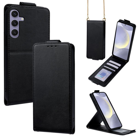For Samsung Galaxy S24+ 5G Vertical Flip Cover Solid Color Vegan Leather Phone Case with Crossbody Chain(Black)