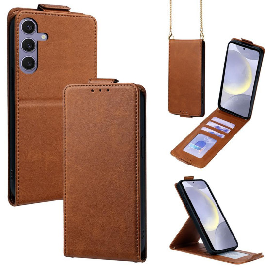 For Samsung Galaxy S24+ 5G Vertical Flip Cover Solid Color Vegan Leather Phone Case with Crossbody Chain(Brown)